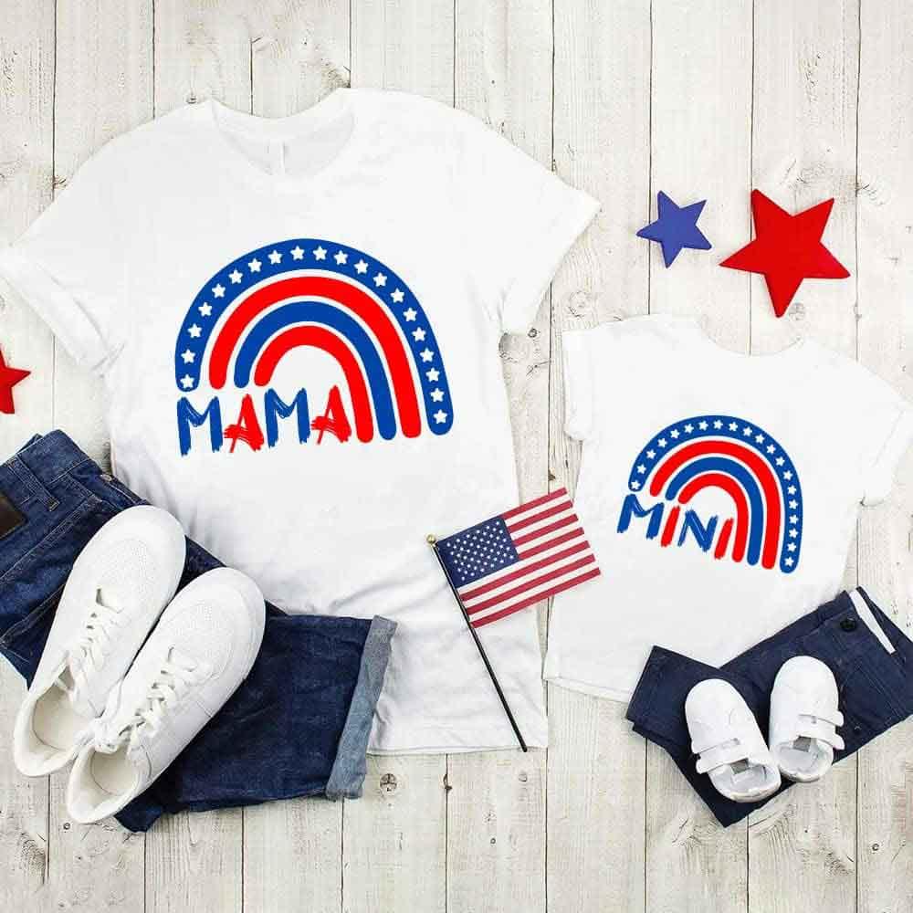 Adorb.co Patriotic Mama & Mini Matching T-shirt set. Soft white cotton graphic tees for mother daughter outfits.