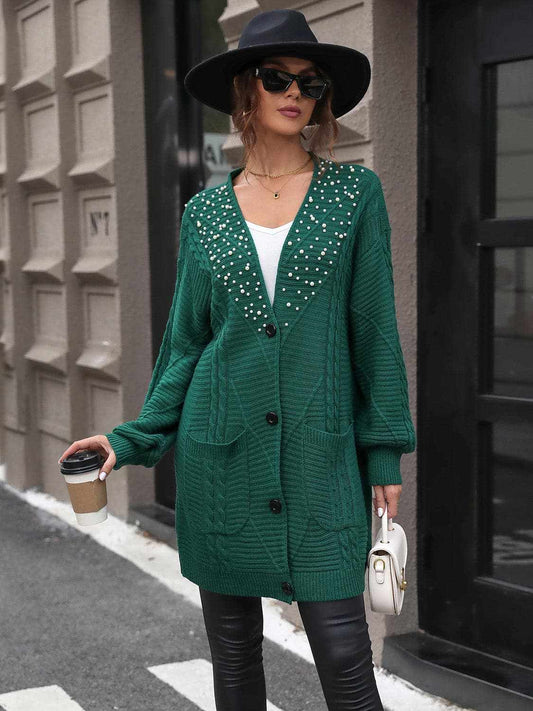 Pearl Detail Cable-Knit Cardigan - Love Salve 