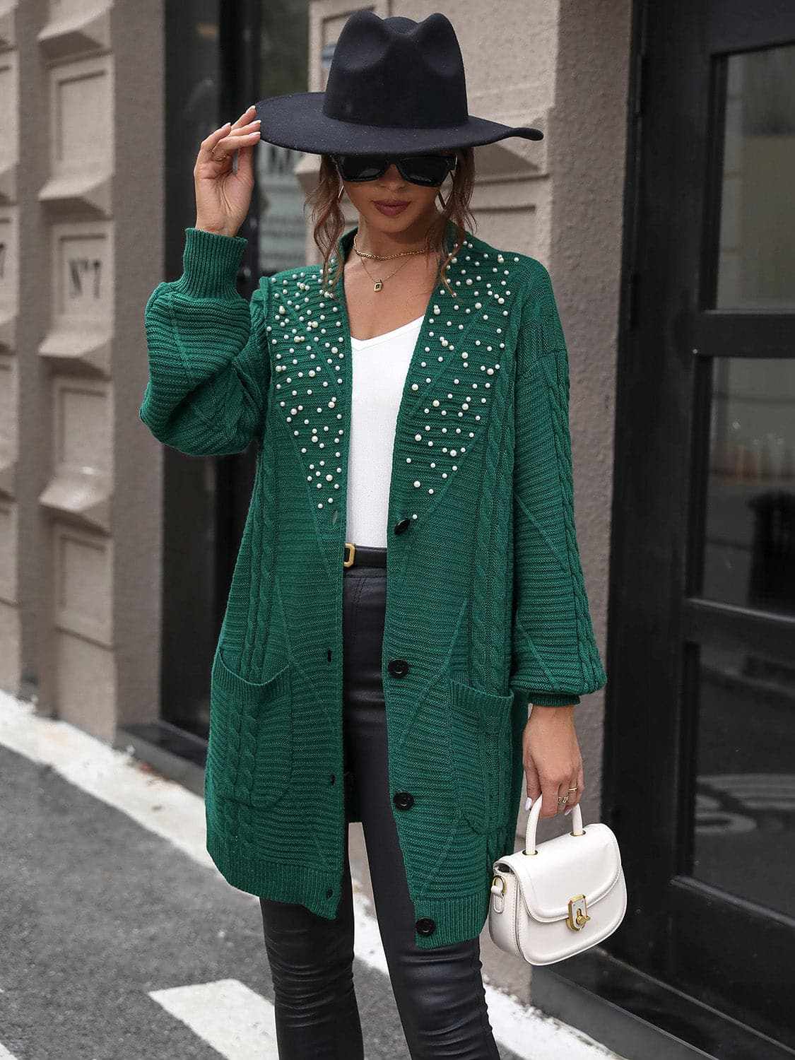 Pearl Detail Cable-Knit Cardigan - Love Salve 