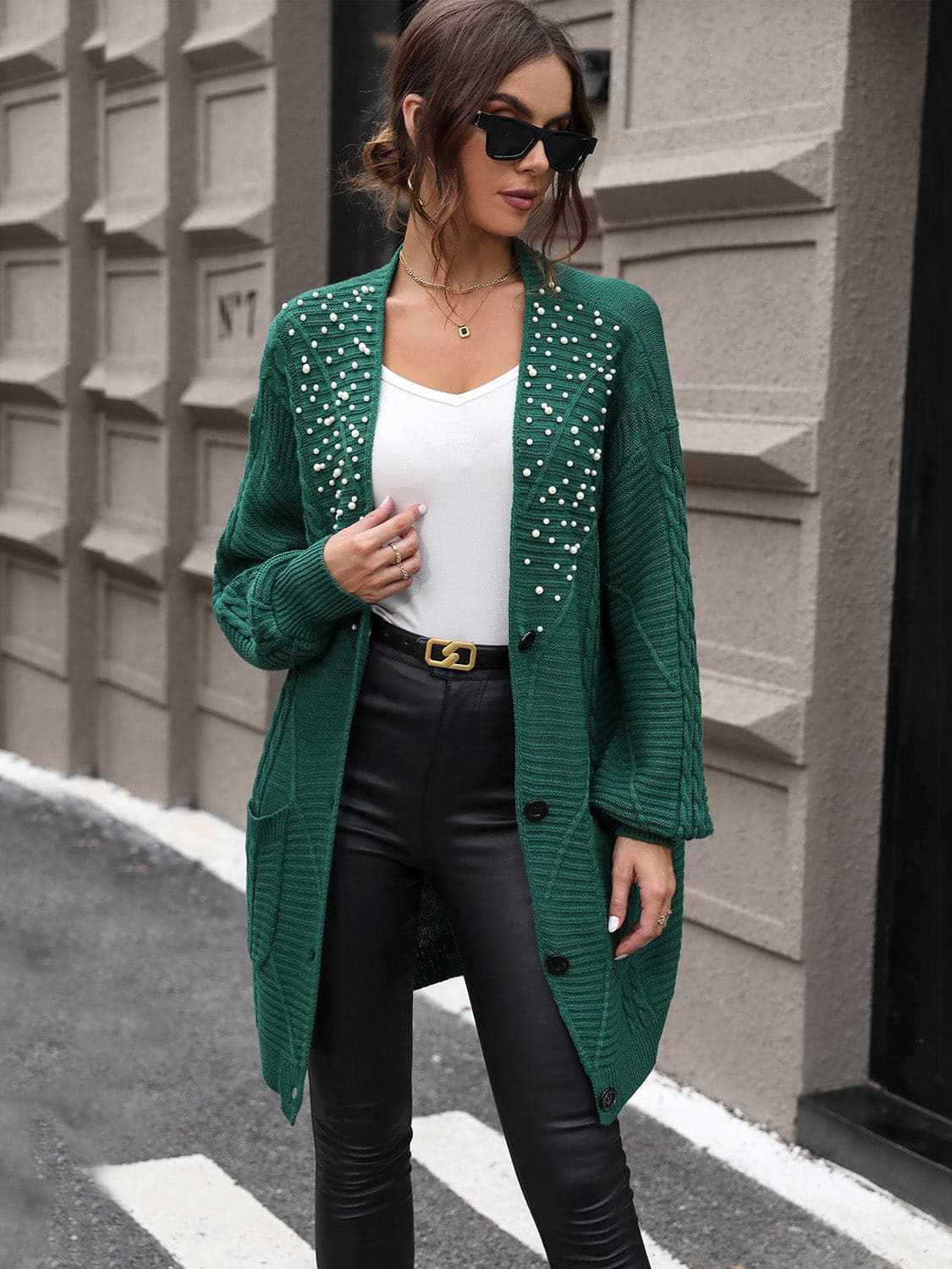 Pearl Detail Cable-Knit Cardigan - Love Salve 