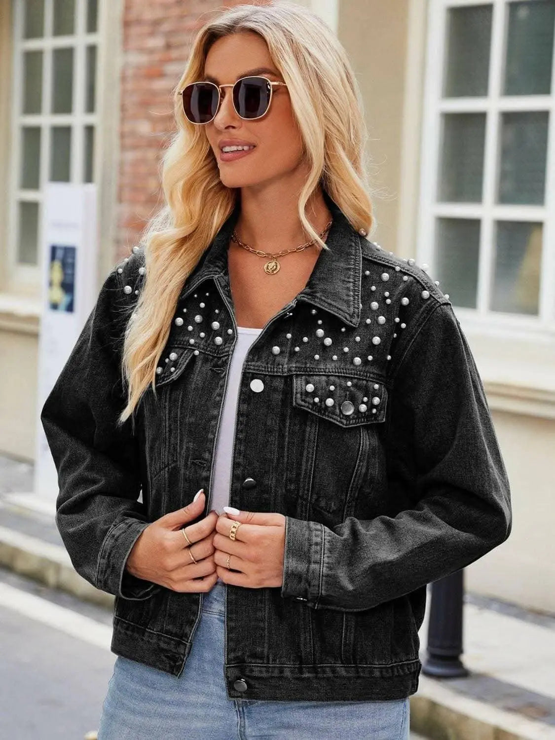 Pearl denim jacket with pockets - Love Salve 