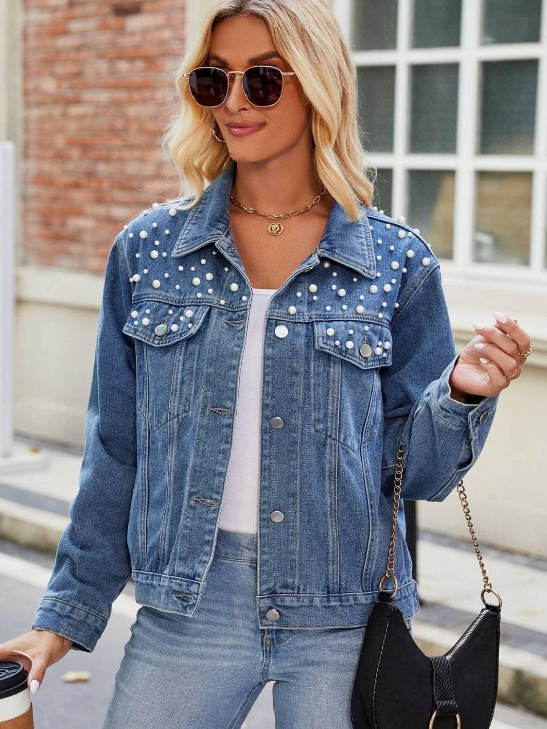 Pearl denim jacket with pockets - Love Salve 