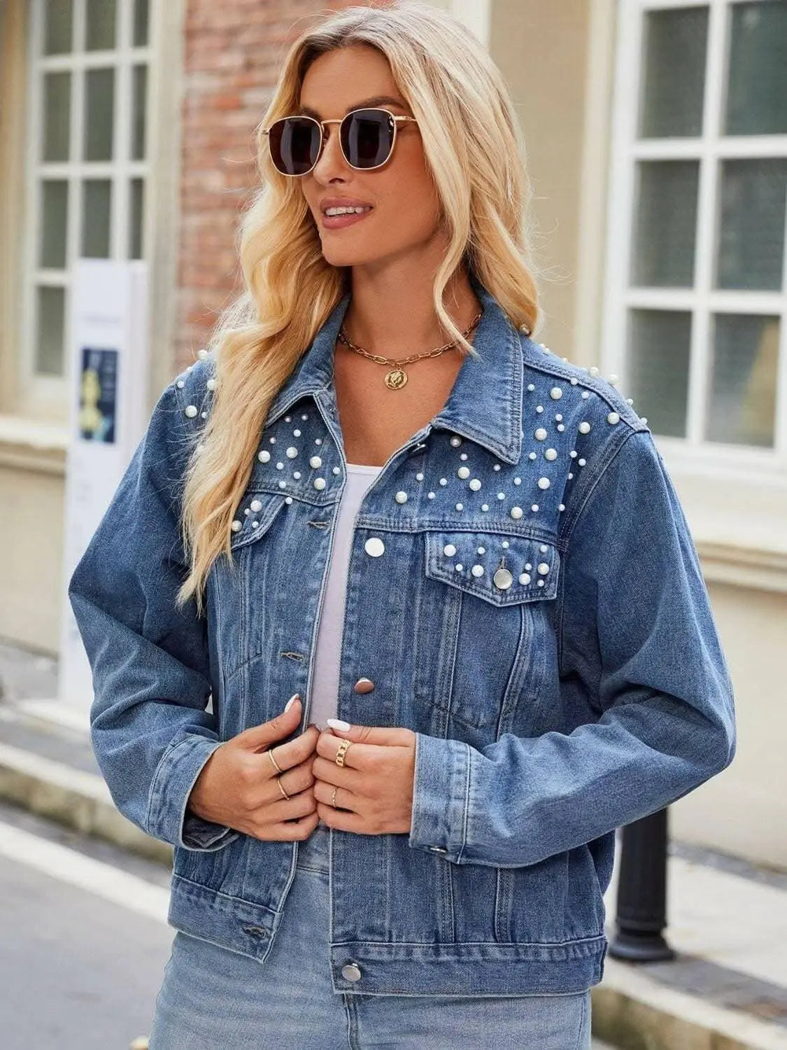 Pearl denim jacket with pockets - Love Salve 