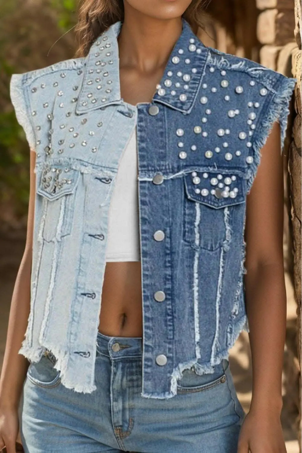 Pearl detail denim vest for women - Love Salve 