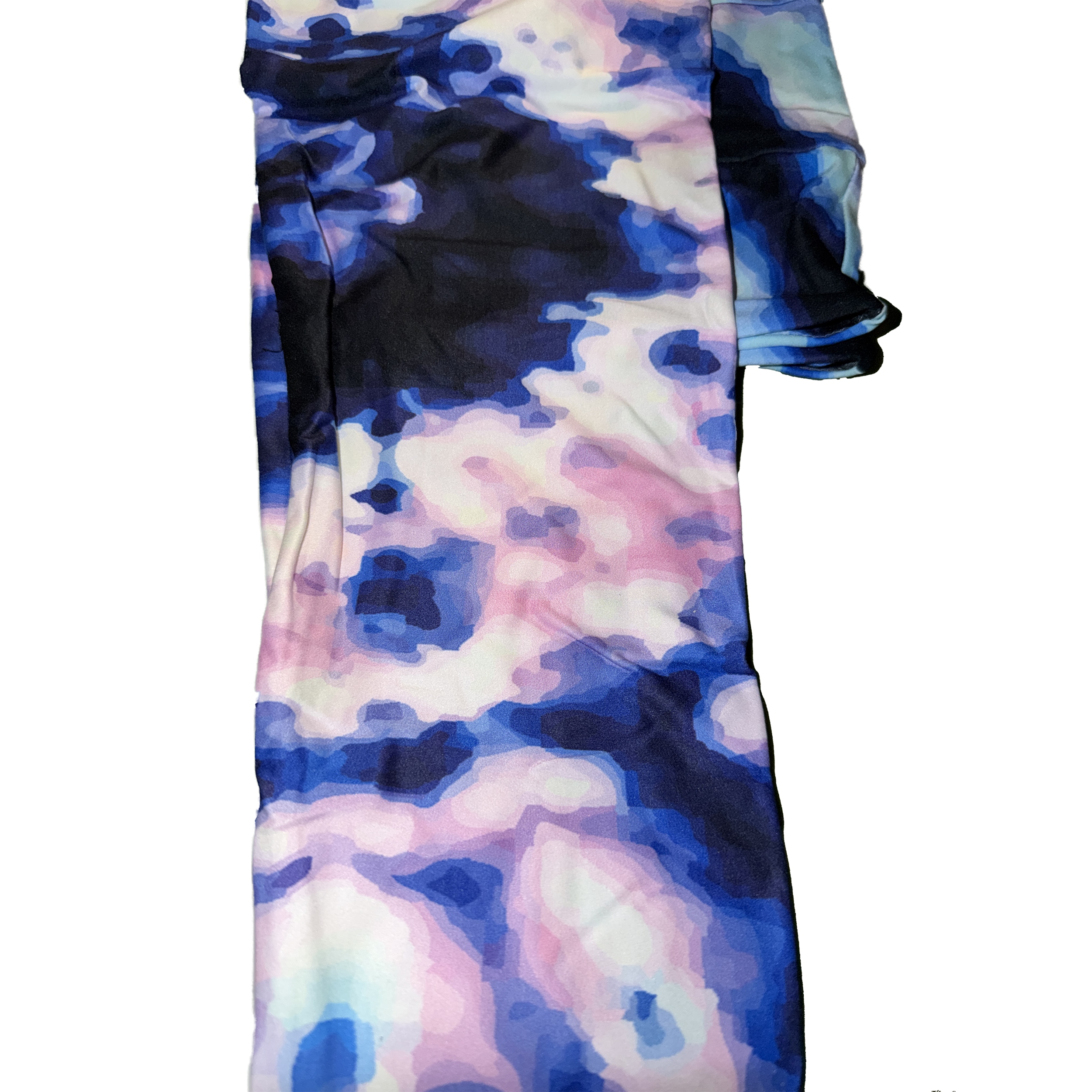 Side view of the MM Purple Blue Passion workout pants, showcasing the streamlined fit and functional side pocket detail.
