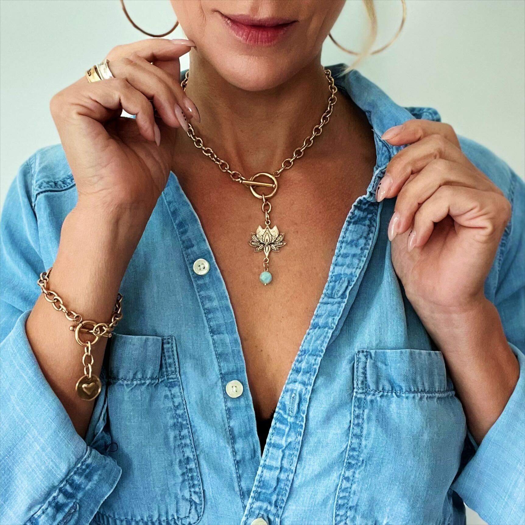 Have Faith Lotus Aquamarine Choker Necklace 16.5 Or 18 Inches Toggle Clasp Katia Designs