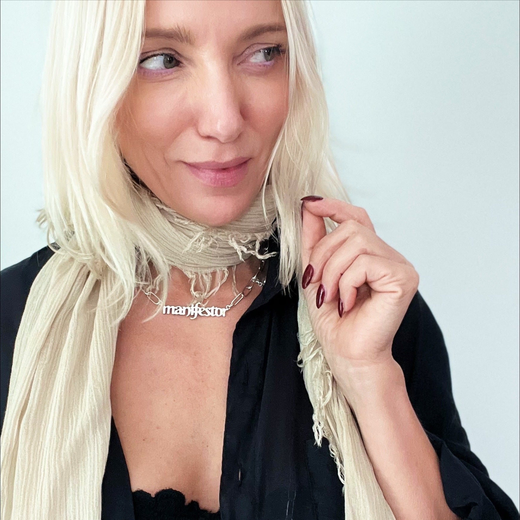 Katia Designs Manifestor Long Chain Necklace, close-up of the elegant pendant and intricate chain, highlighting its unique design and craftsmanship.