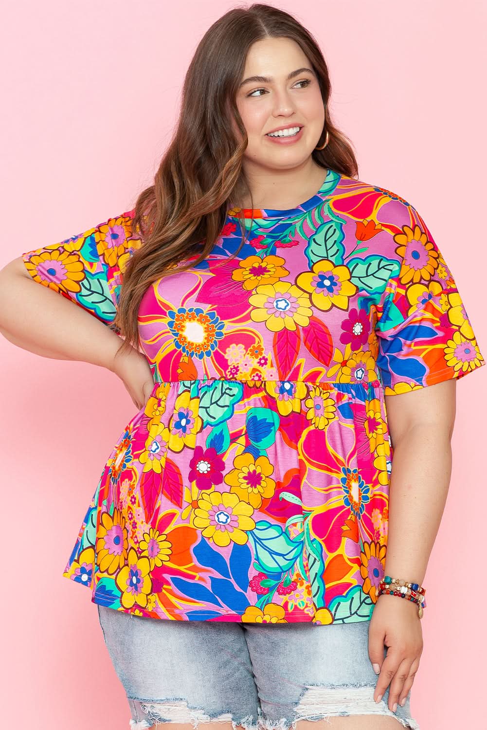 Pink Floral Print Short Sleeve Plus Size Babydoll Blouse - Love Salve 