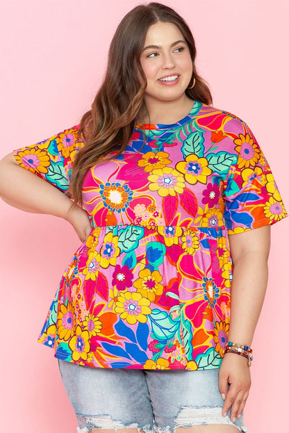 Pink Floral Print Short Sleeve Plus Size Babydoll Blouse - Love Salve 