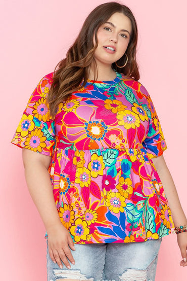 Pink Floral Print Short Sleeve Plus Size Babydoll Blouse - Love Salve 