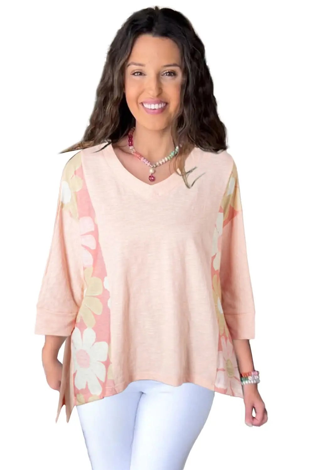 Pink Flower Patchwork Exposed Seam Oversized High Low Top - Love Salve 