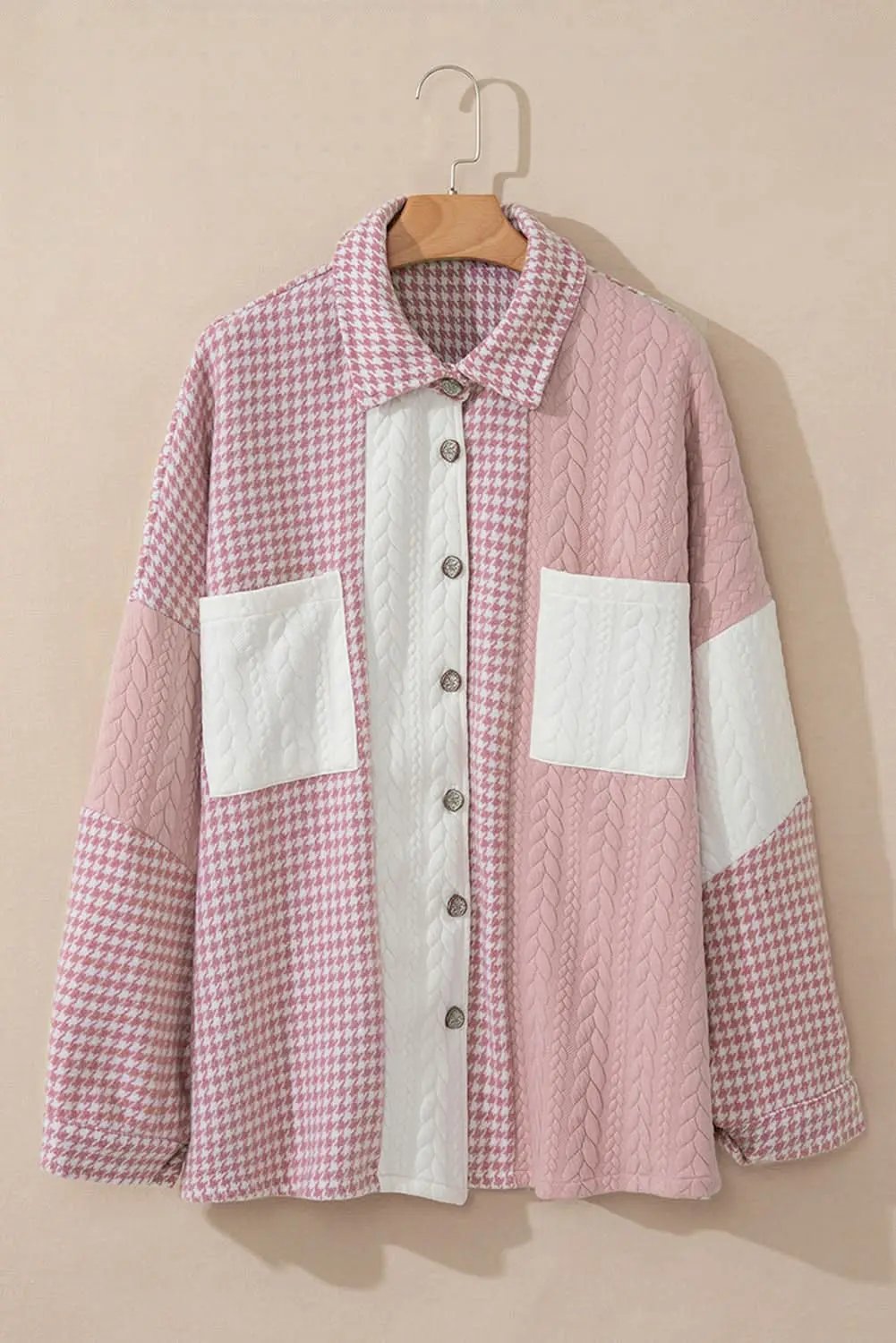 Pink Houndstooth Color Contrast Textured Patchwork Loose Shacket - Love Salve 