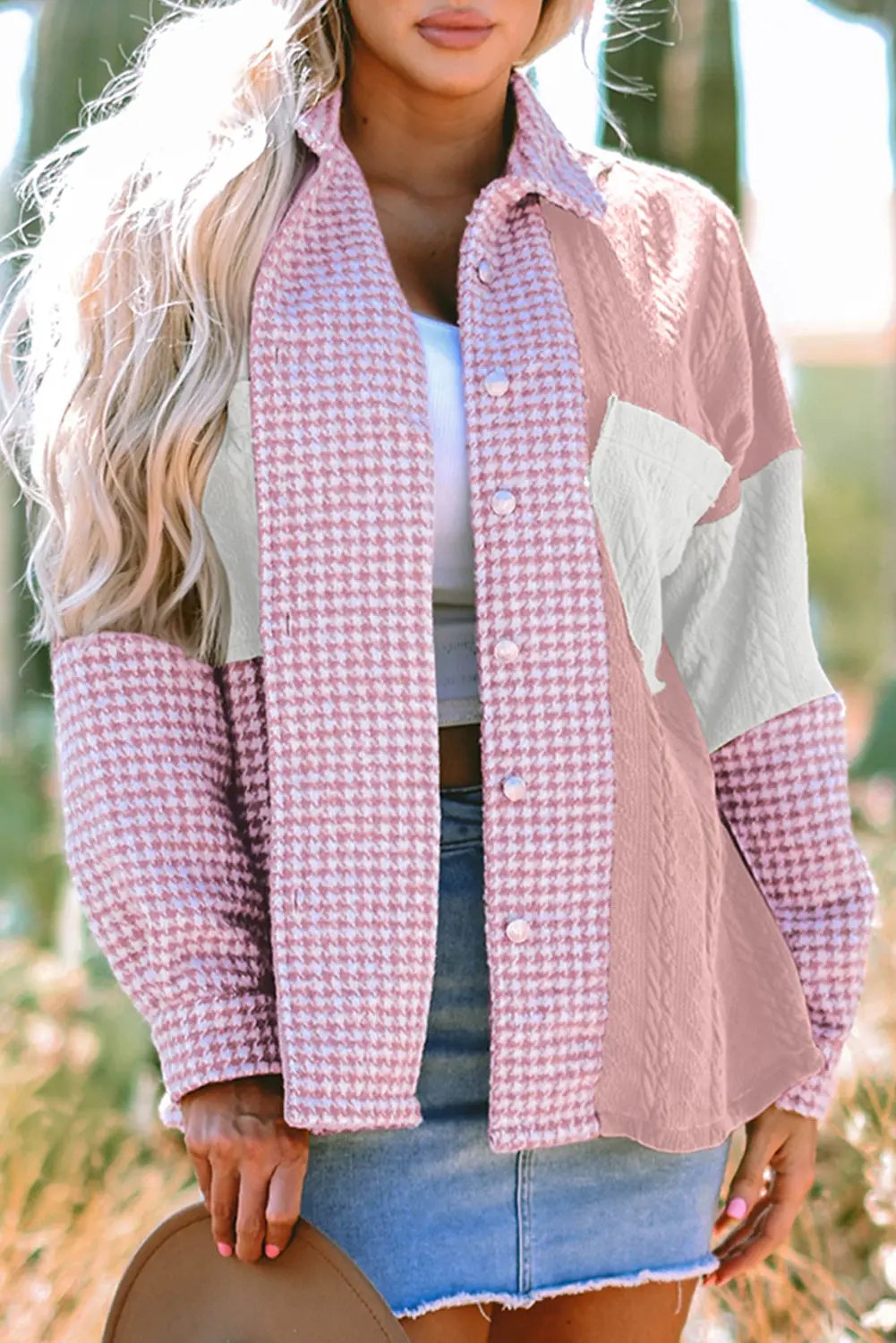 Pink Houndstooth Color Contrast Textured Patchwork Loose Shacket - Love Salve 