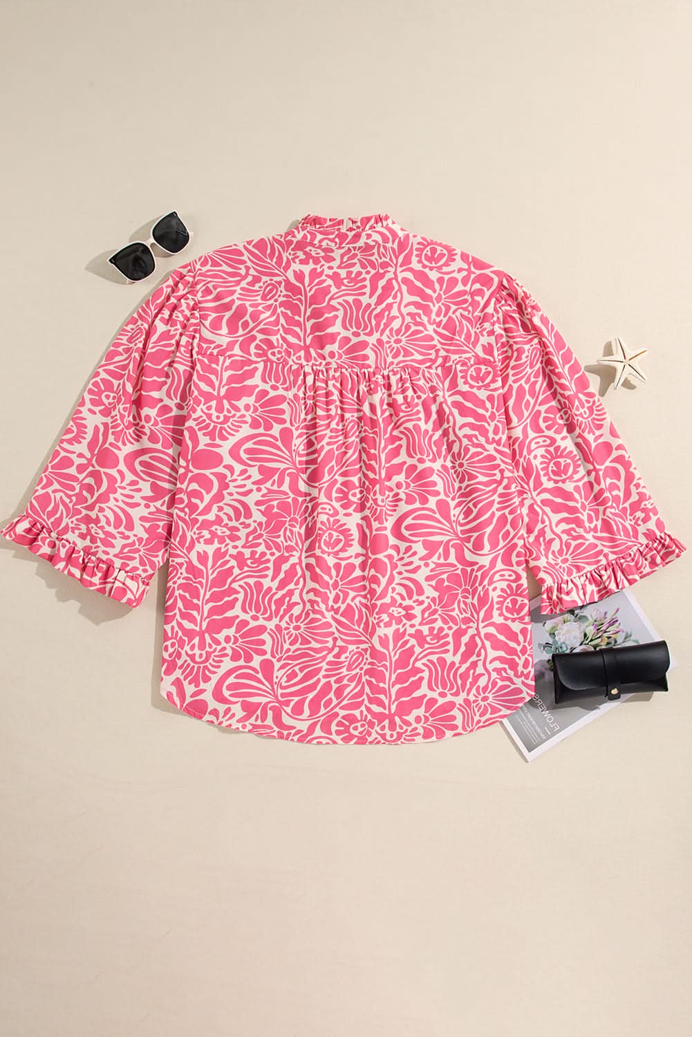 Pink Plus Size Floral Print Frilled Neck Puff Sleeve Top - Love Salve 