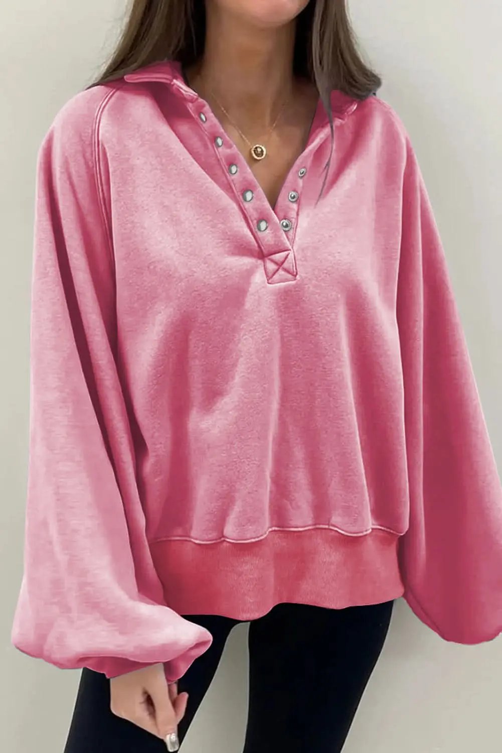 Pink Solid Snap Buttons Collared Balloon Sleeve Oversized Sweatshirt - Love Salve 