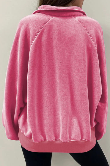 Pink Solid Snap Buttons Collared Balloon Sleeve Oversized Sweatshirt - Love Salve 