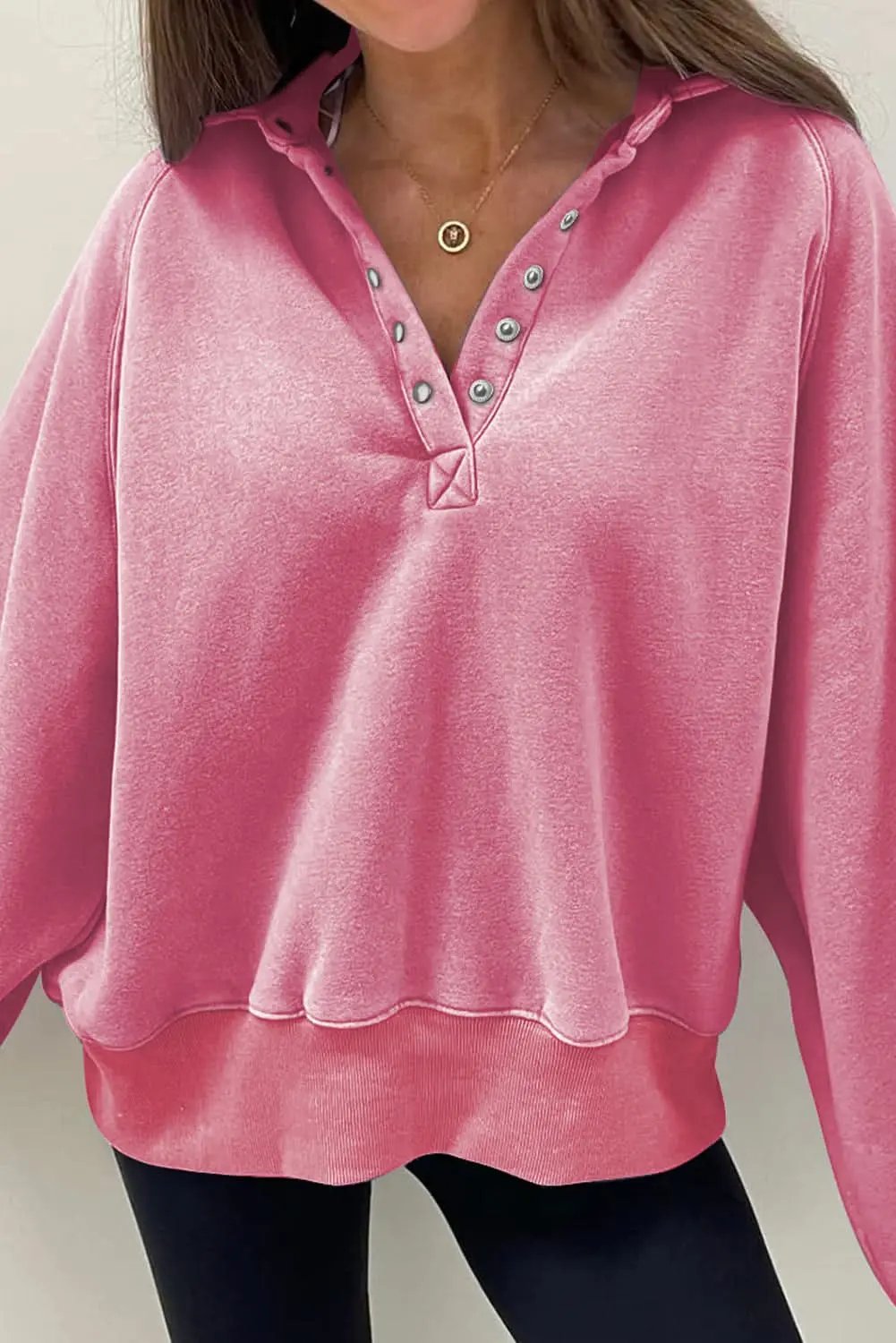 Pink Solid Snap Buttons Collared Balloon Sleeve Oversized Sweatshirt - Love Salve 
