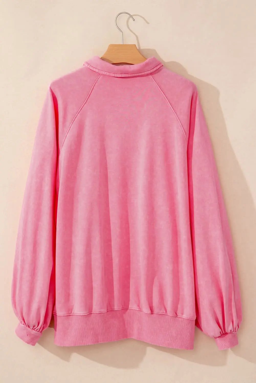 Pink Solid Snap Buttons Collared Balloon Sleeve Oversized Sweatshirt - Love Salve 