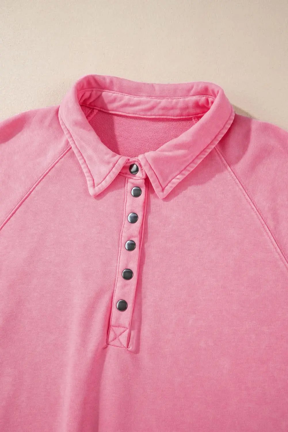 Pink Solid Snap Buttons Collared Balloon Sleeve Oversized Sweatshirt - Love Salve 