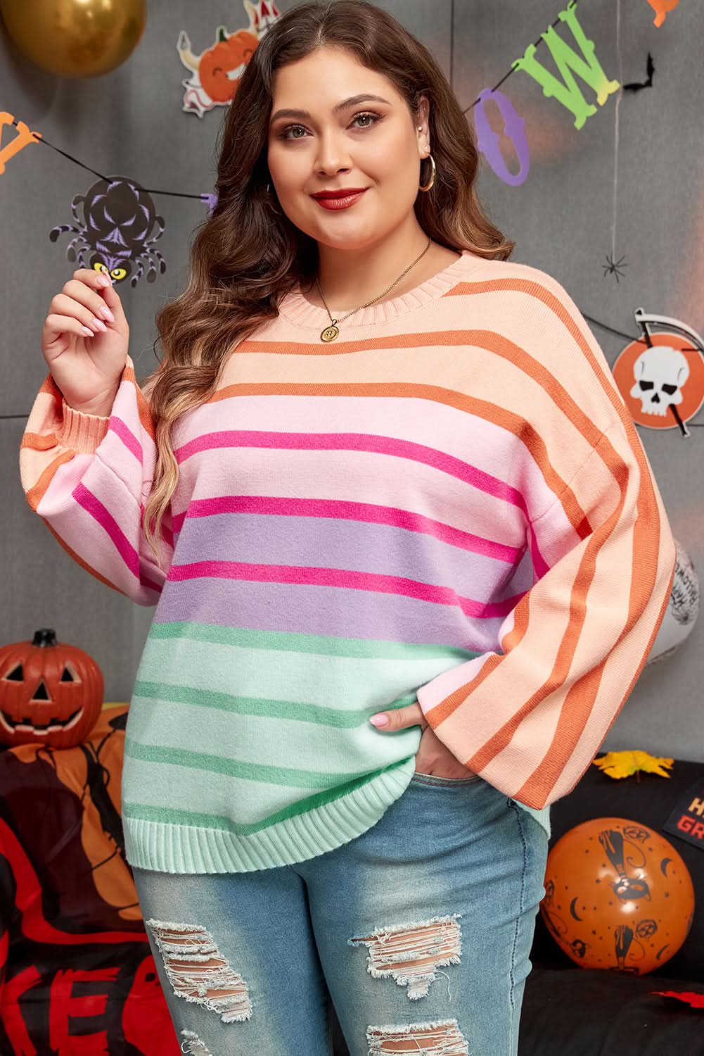 Pink Stripe Color Block Balloon Sleeve Crewneck Plus Size Sweater - Love Salve 