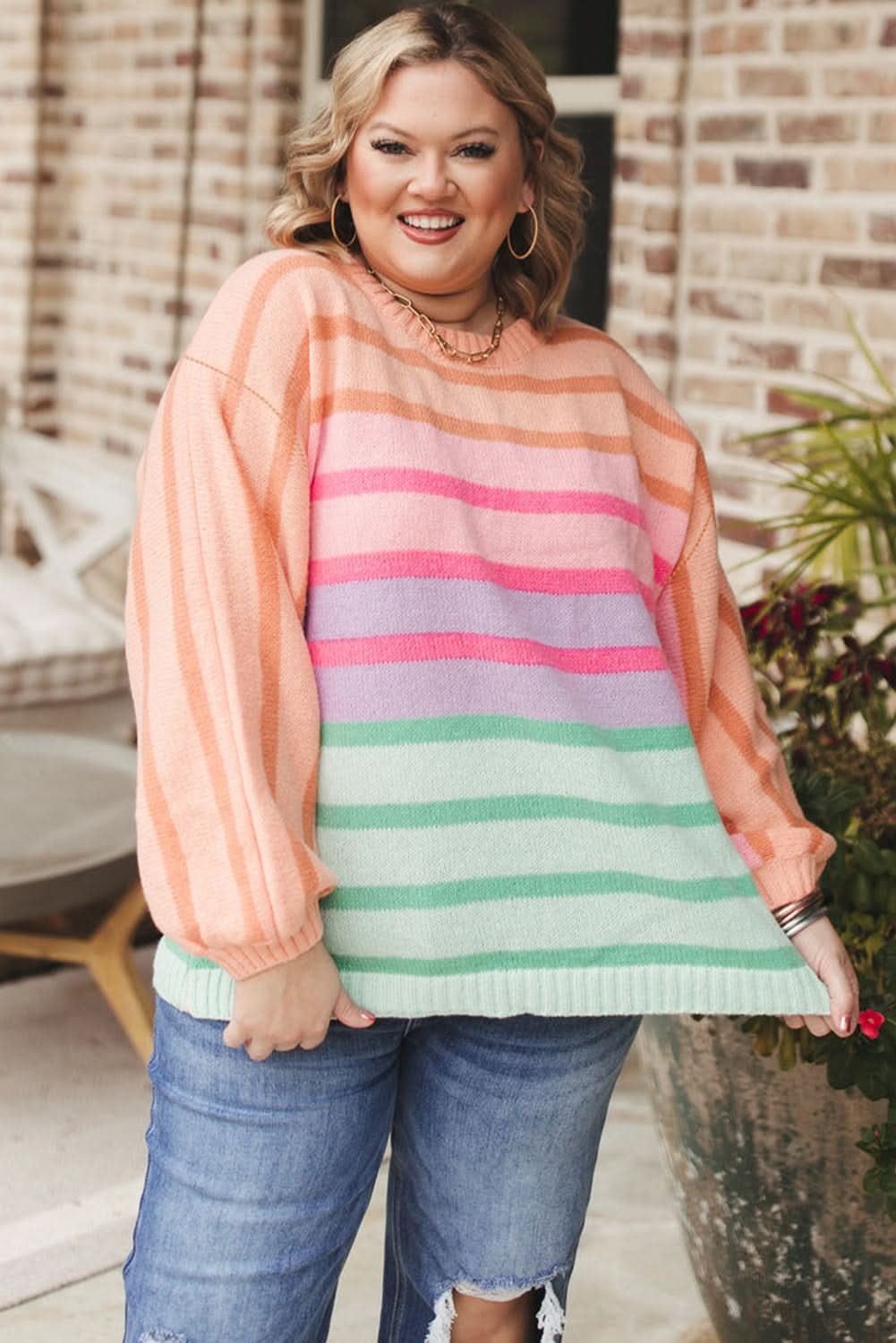 Pink Stripe Color Block Balloon Sleeve Crewneck Plus Size Sweater - Love Salve 