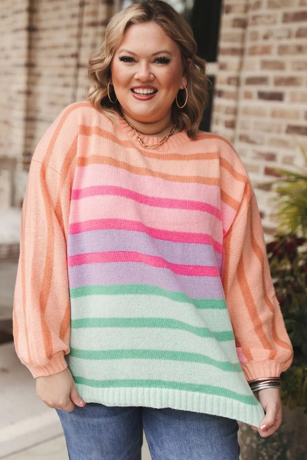Pink Stripe Color Block Balloon Sleeve Crewneck Plus Size Sweater - Love Salve 