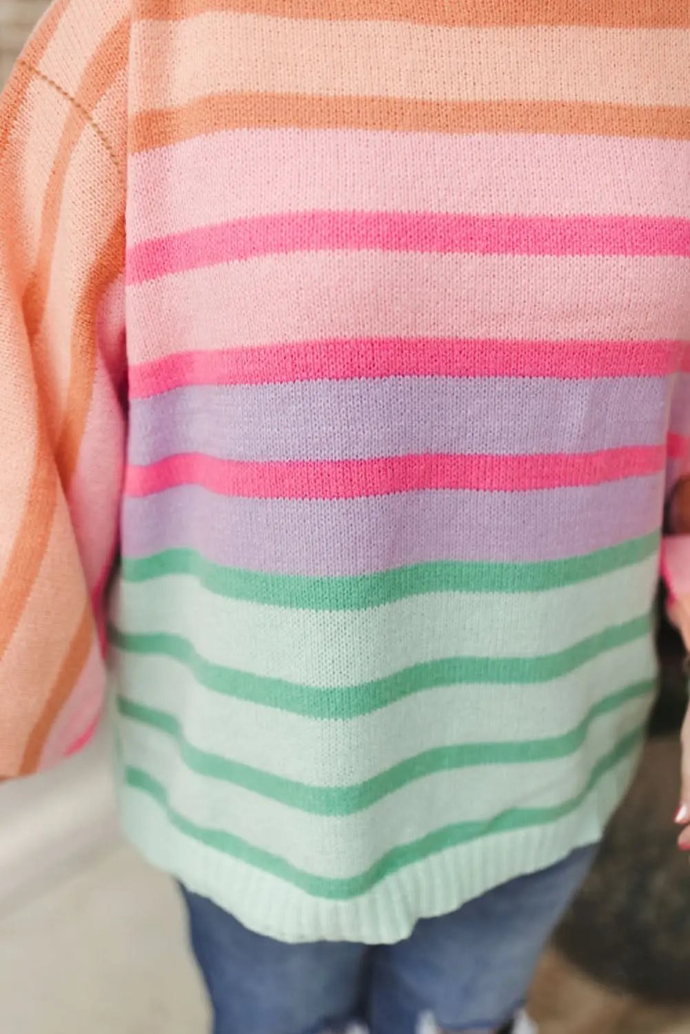 Pink Stripe Color Block Balloon Sleeve Crewneck Plus Size Sweater - Love Salve 