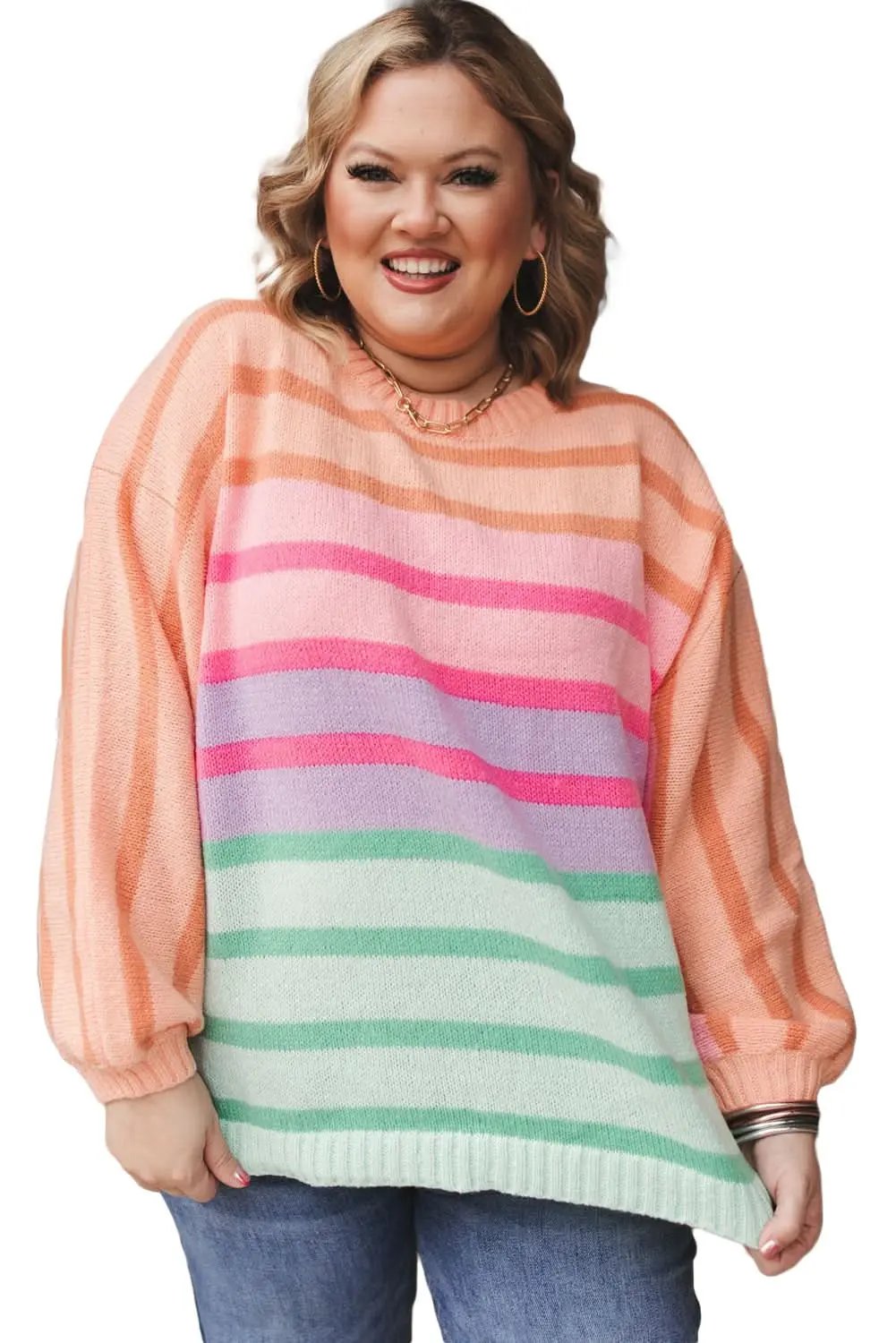 Pink Stripe Color Block Balloon Sleeve Crewneck Plus Size Sweater - Love Salve 