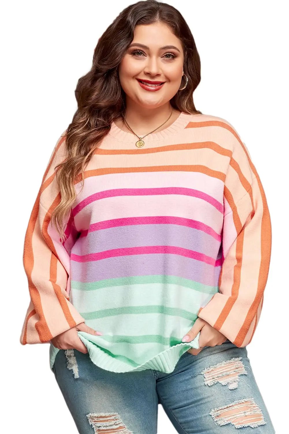 Pink Stripe Color Block Balloon Sleeve Crewneck Plus Size Sweater - Love Salve 