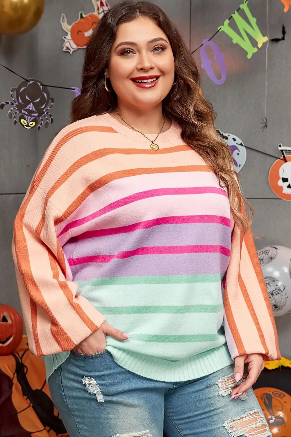 Pink Stripe Color Block Balloon Sleeve Crewneck Plus Size Sweater - Love Salve 