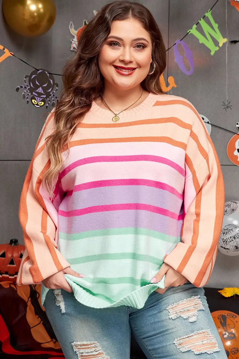 Pink Stripe Color Block Balloon Sleeve Crewneck Plus Size Sweater - Love Salve 