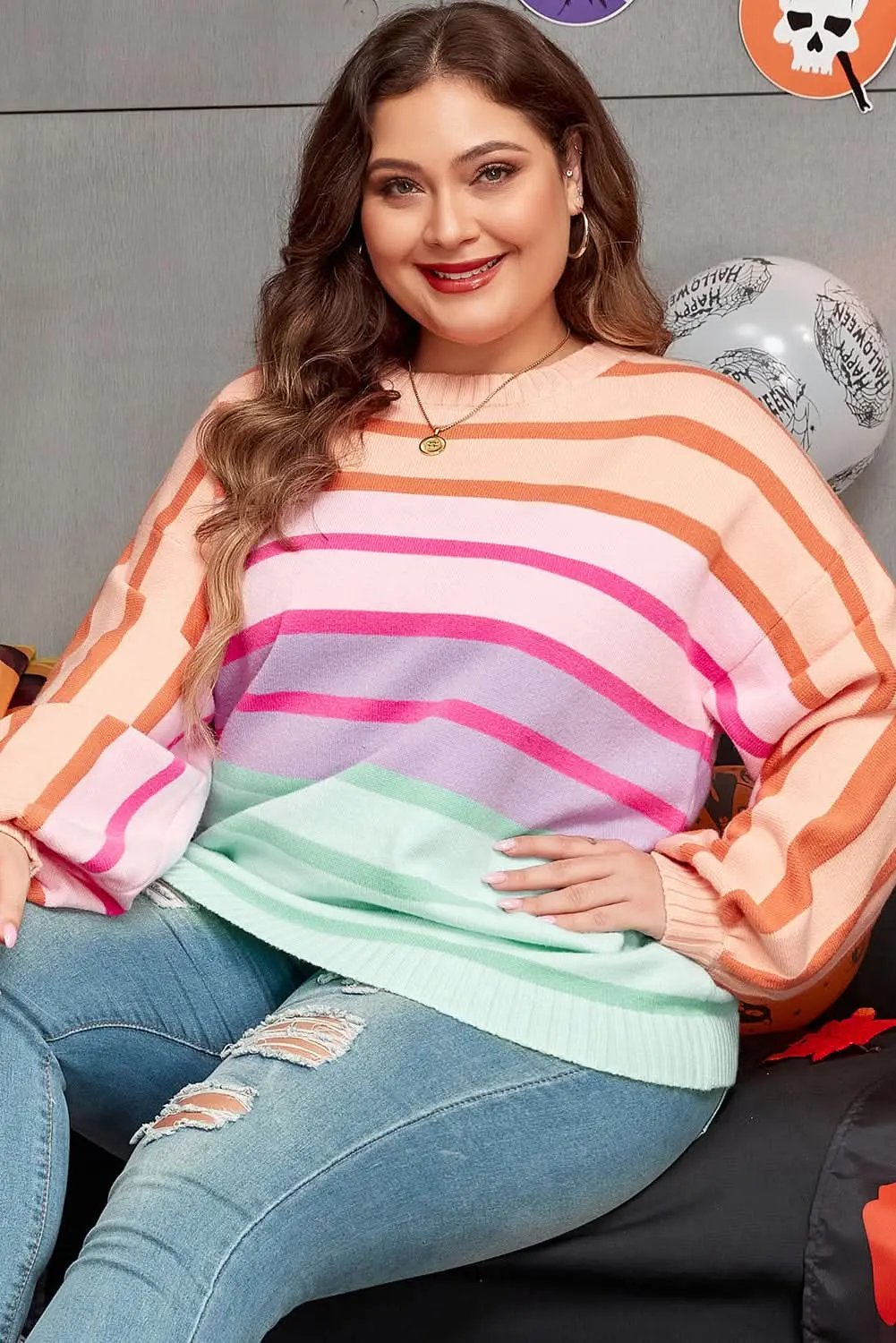 Pink Stripe Color Block Balloon Sleeve Crewneck Plus Size Sweater - Love Salve 