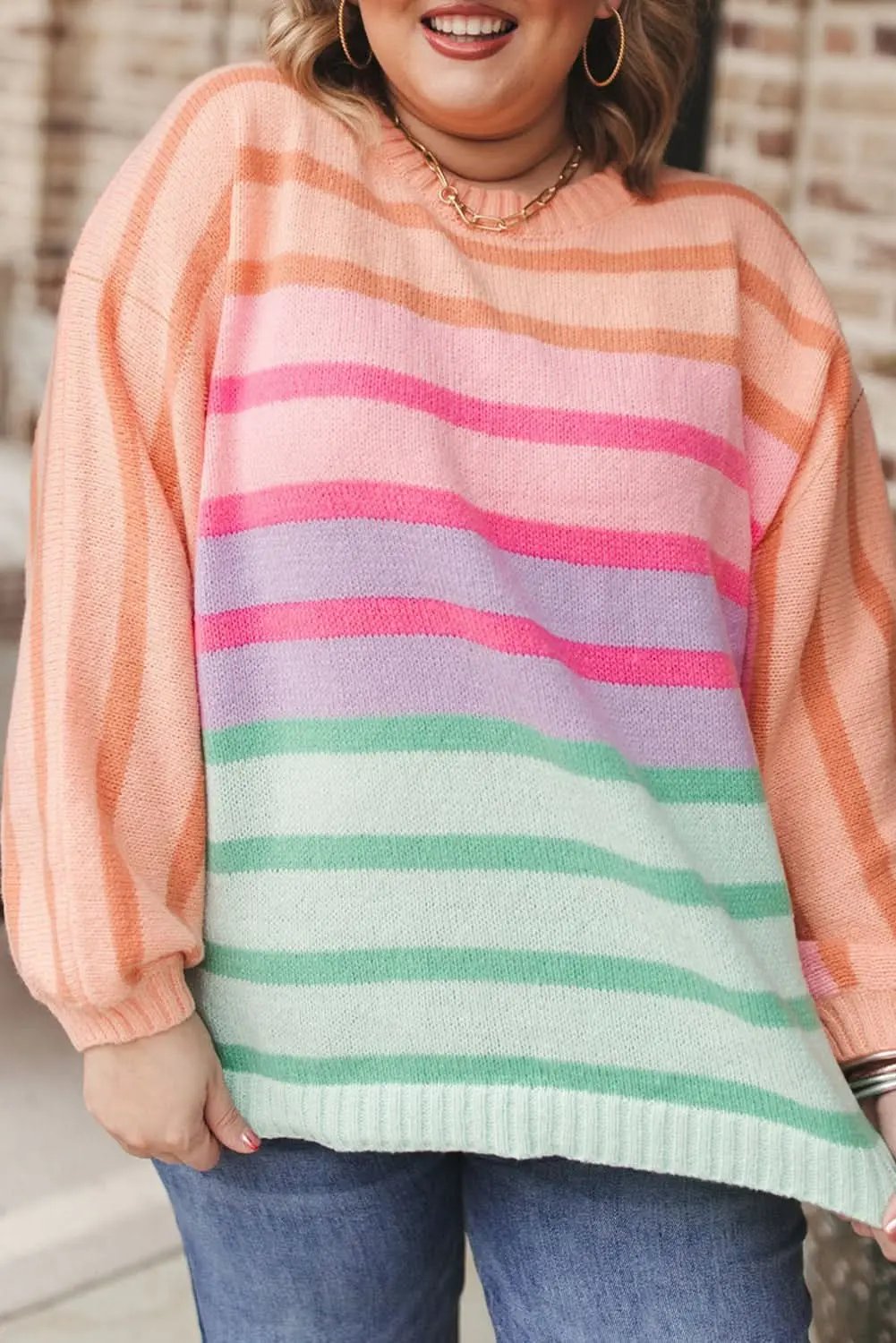 Pink Stripe Color Block Balloon Sleeve Crewneck Plus Size Sweater - Love Salve 