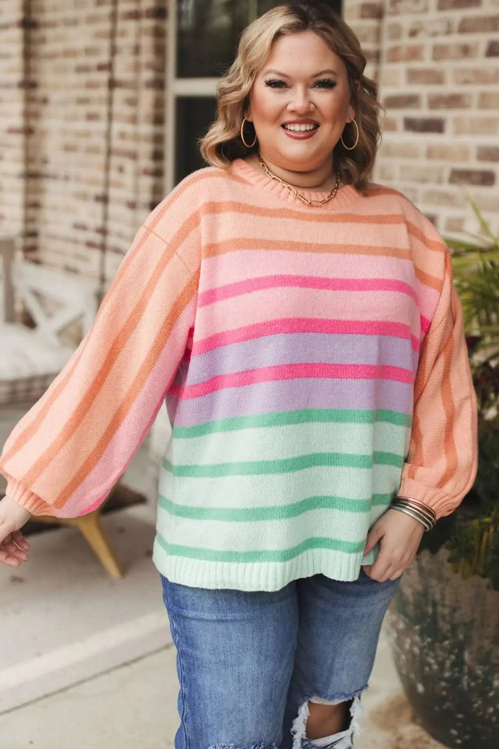 Pink Stripe Color Block Balloon Sleeve Crewneck Plus Size Sweater - Love Salve 