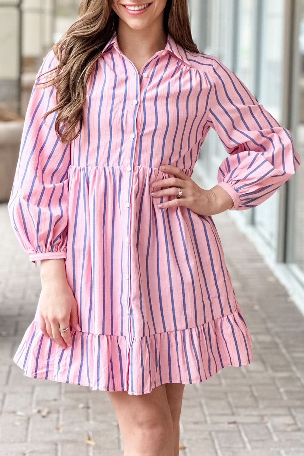 Pink Stripe Ruffled Hem Button-up Collared Shirt Mini Dress - Love Salve 