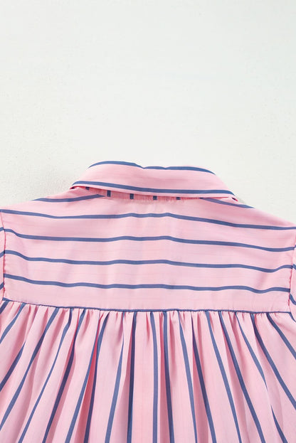 Pink Stripe Ruffled Hem Button-up Collared Shirt Mini Dress - Love Salve 