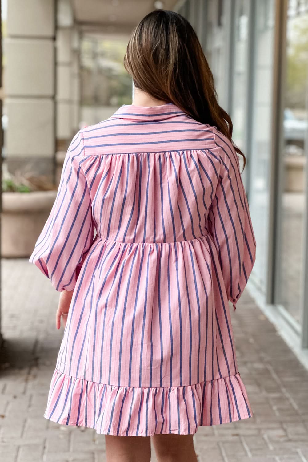Pink Stripe Ruffled Hem Button-up Collared Shirt Mini Dress - Love Salve 
