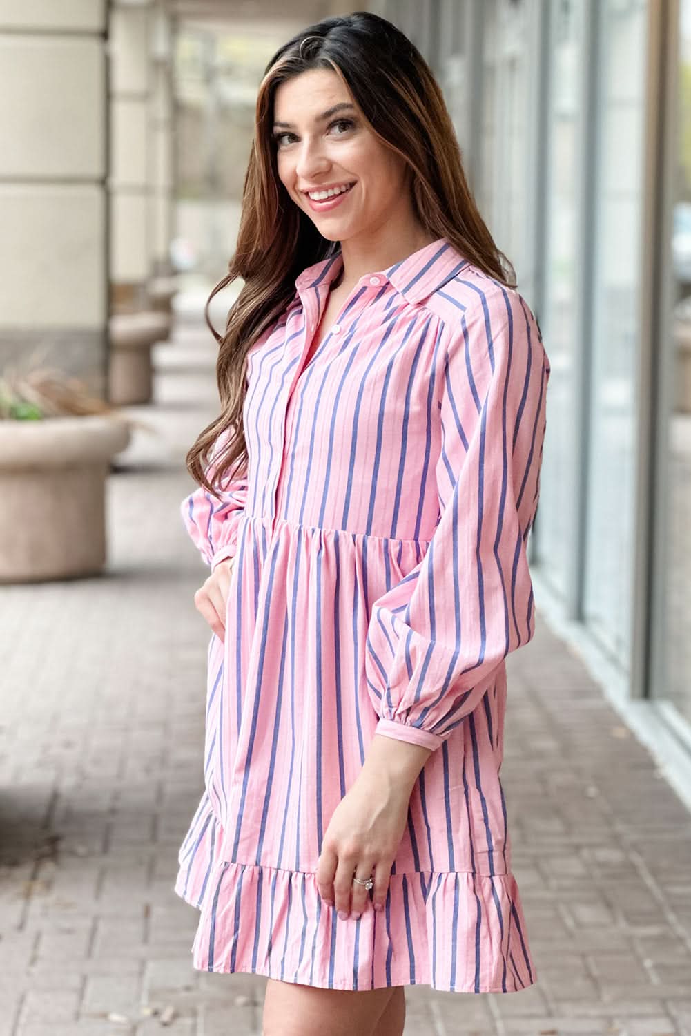 Pink Stripe Ruffled Hem Button-up Collared Shirt Mini Dress - Love Salve 