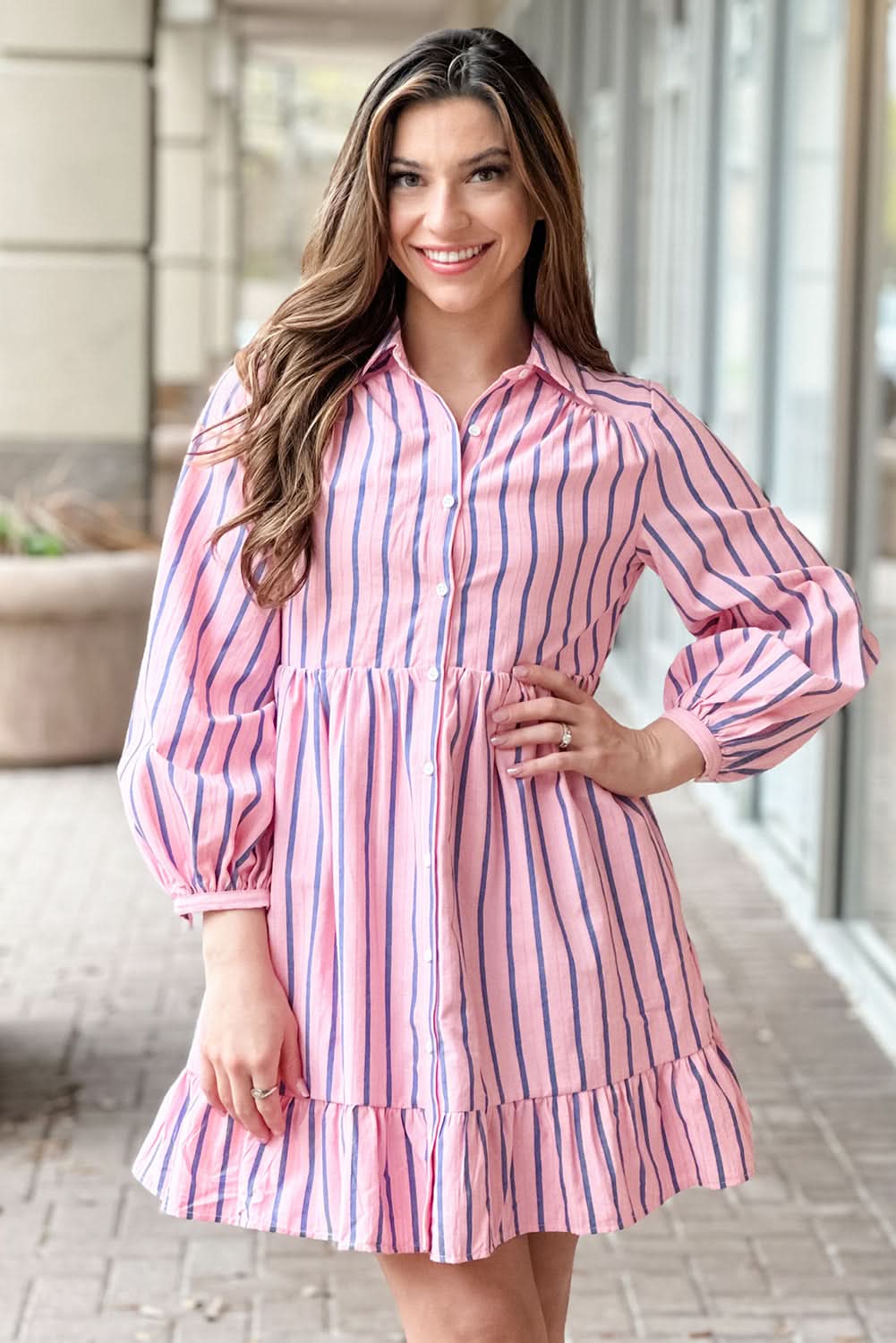 Pink Stripe Ruffled Hem Button-up Collared Shirt Mini Dress - Love Salve 
