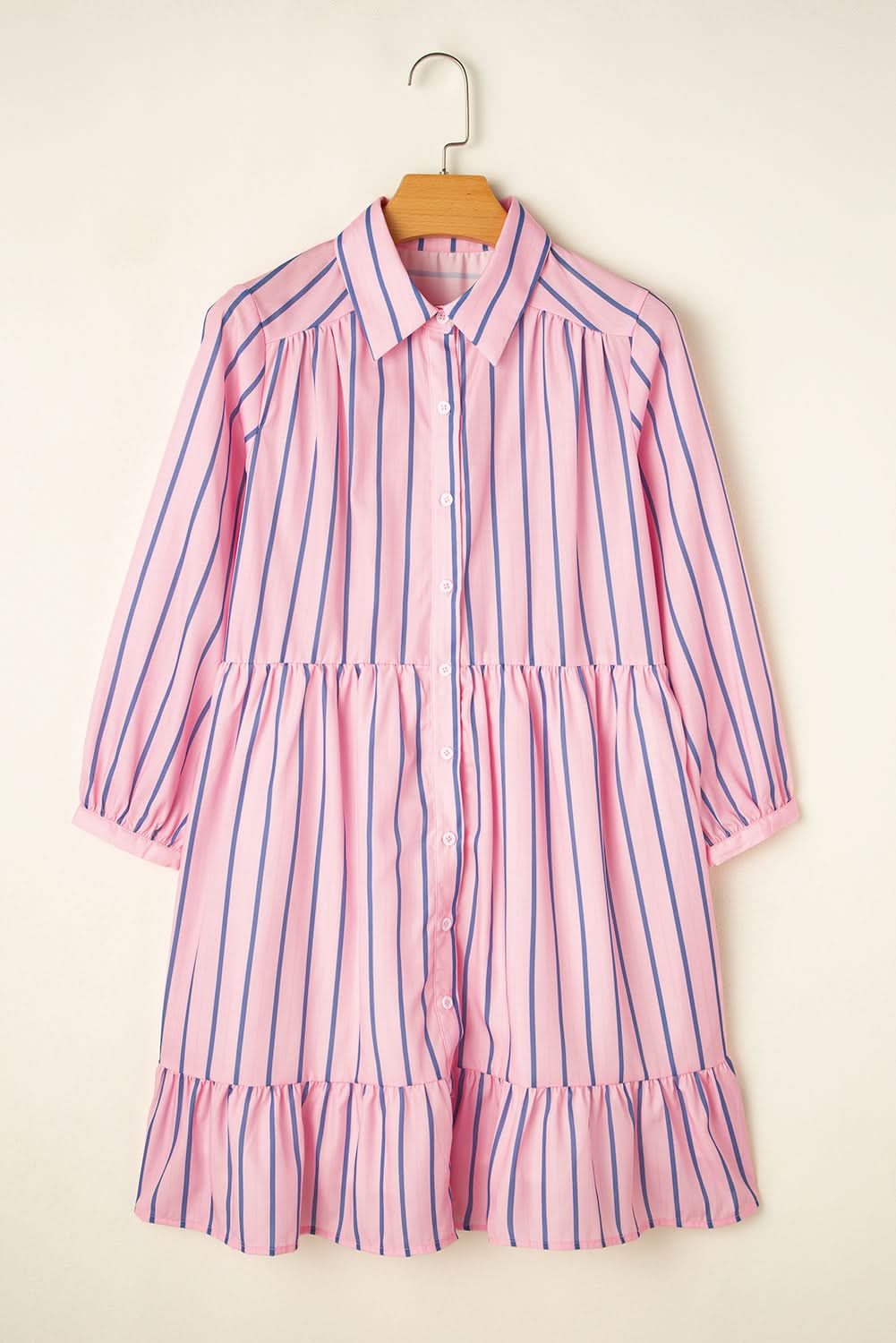 Pink Stripe Ruffled Hem Button-up Collared Shirt Mini Dress - Love Salve 