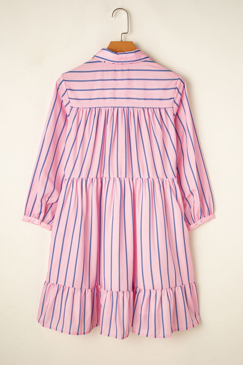 Pink Stripe Ruffled Hem Button-up Collared Shirt Mini Dress - Love Salve 
