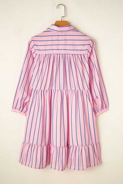 Pink Stripe Ruffled Hem Button-up Collared Shirt Mini Dress - Love Salve 