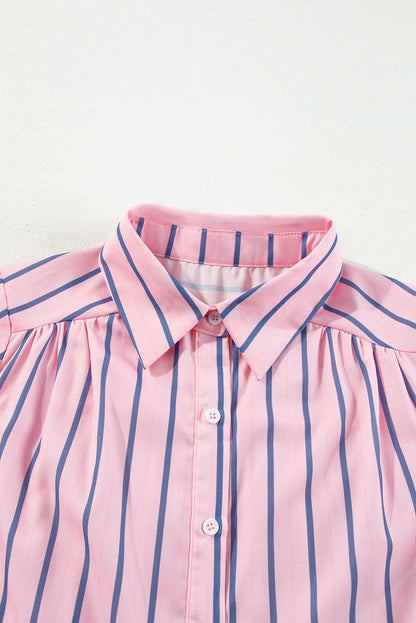 Pink Stripe Ruffled Hem Button-up Collared Shirt Mini Dress - Love Salve 