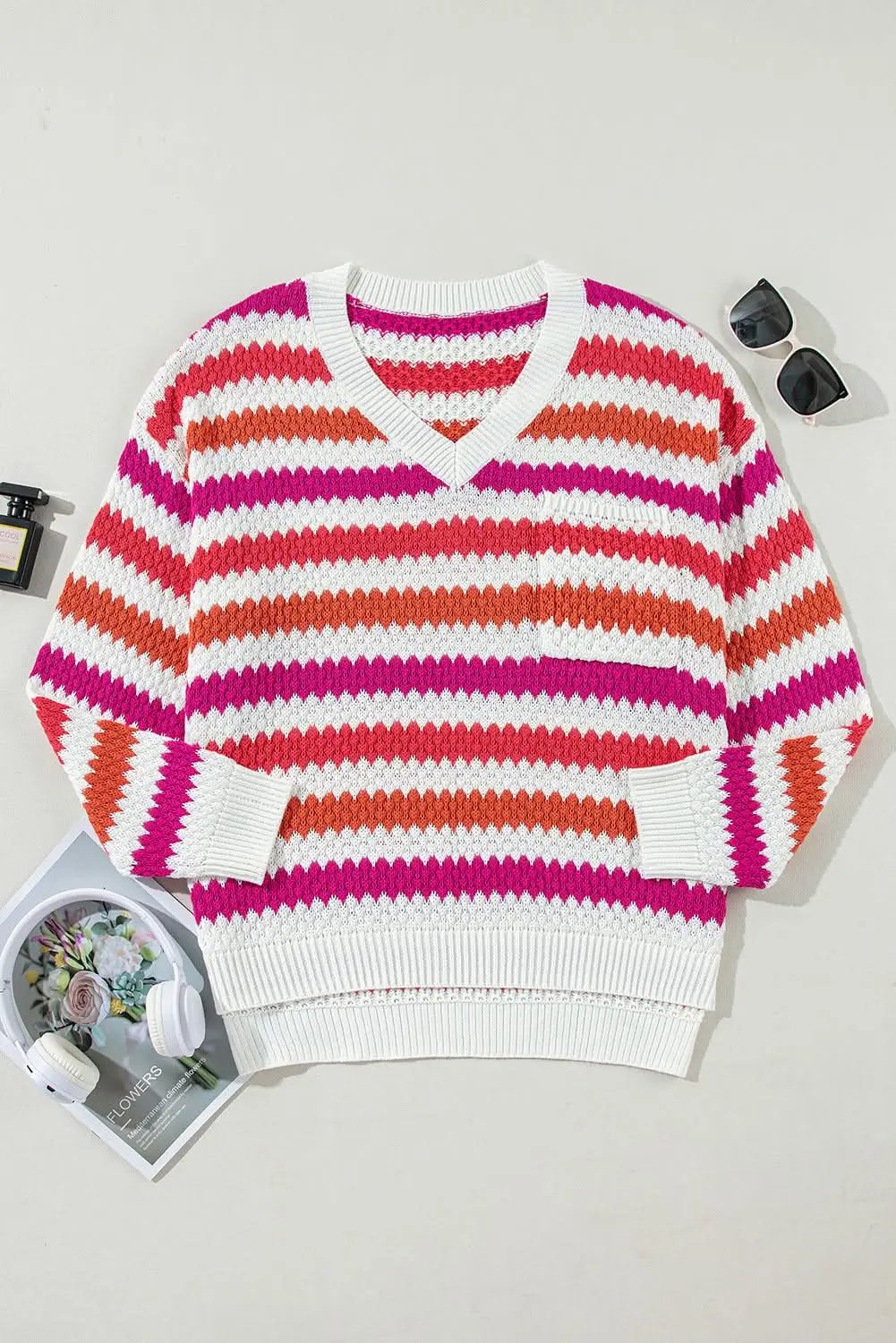 Pink Stripe V Neck Drop Shoulder Plus Size Sweater - Love Salve 