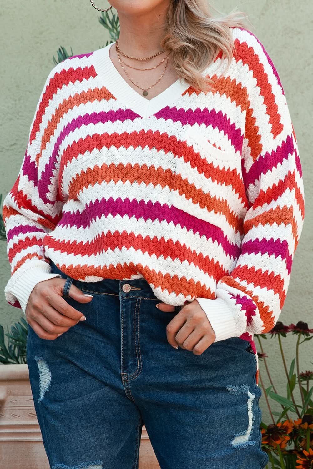 Pink Stripe V Neck Drop Shoulder Plus Size Sweater - Love Salve 