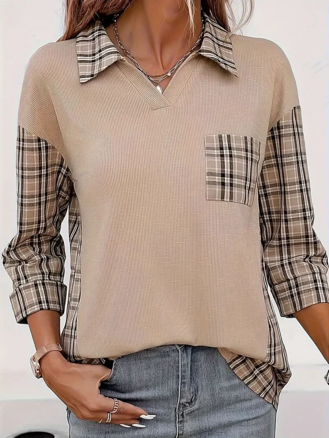 Plaid Johhny Collar Three-Quarter Sleeve T-Shirt - Love Salve 