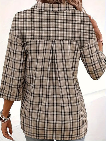 Plaid Johhny Collar Three-Quarter Sleeve T-Shirt - Love Salve 