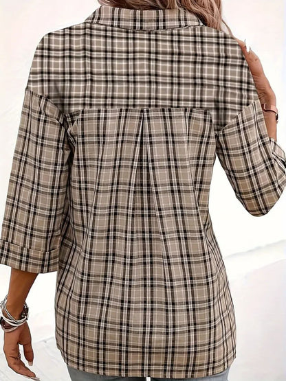 Plaid Johhny Collar Three-Quarter Sleeve T-Shirt - Love Salve 