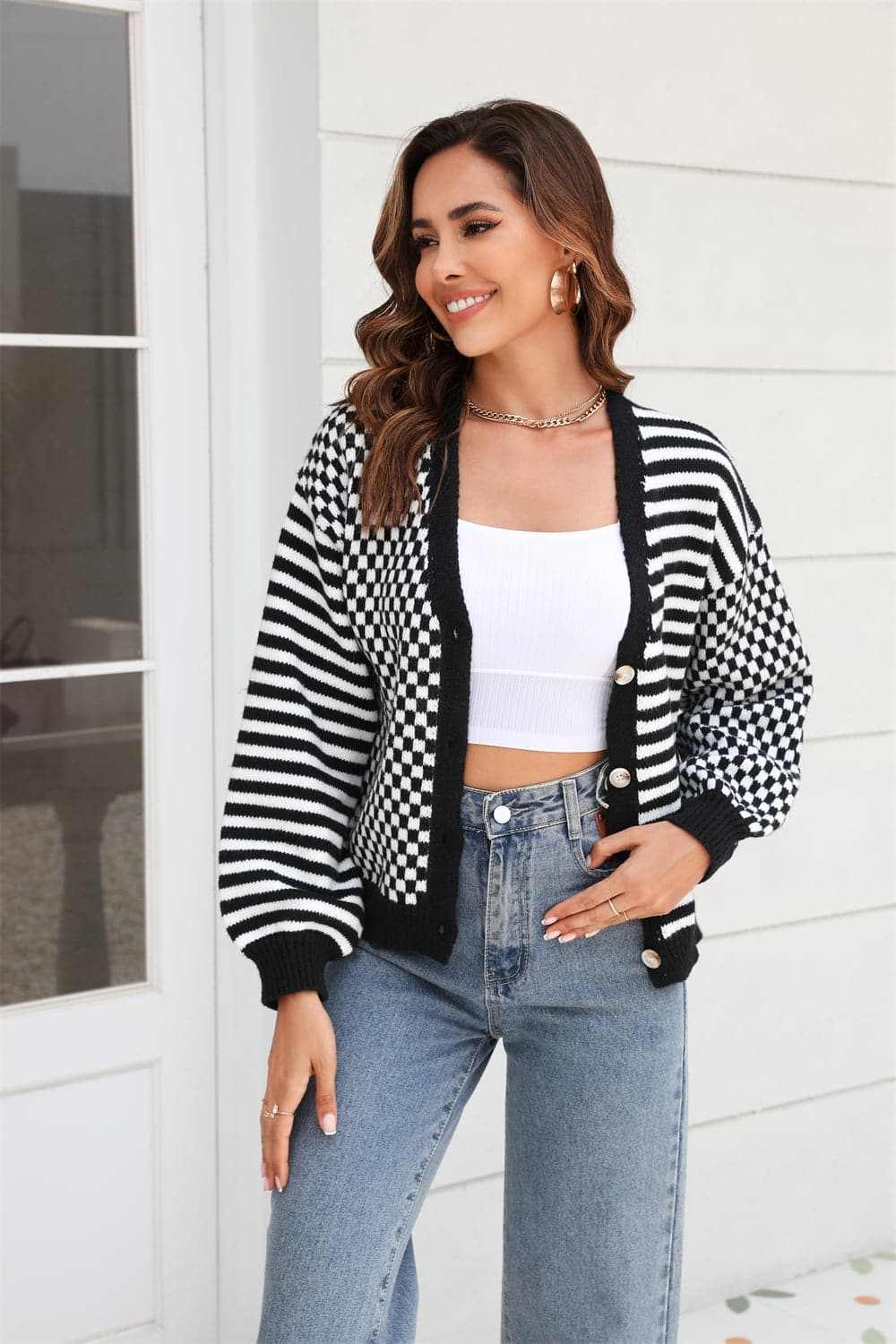 Plaid and stripe cardigan with buttons - Love Salve 