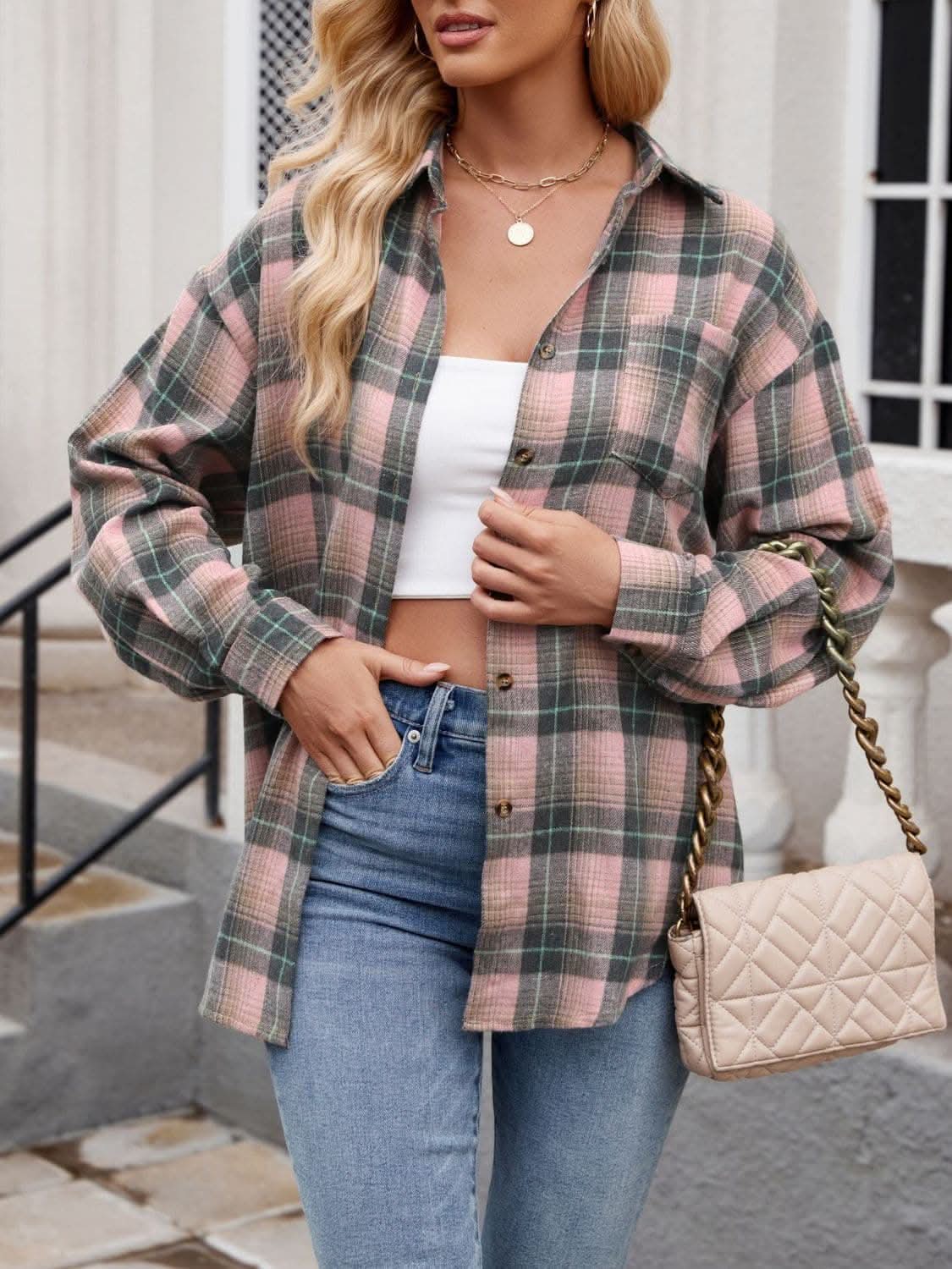 Plaid collared long sleeve shirt - Love Salve 